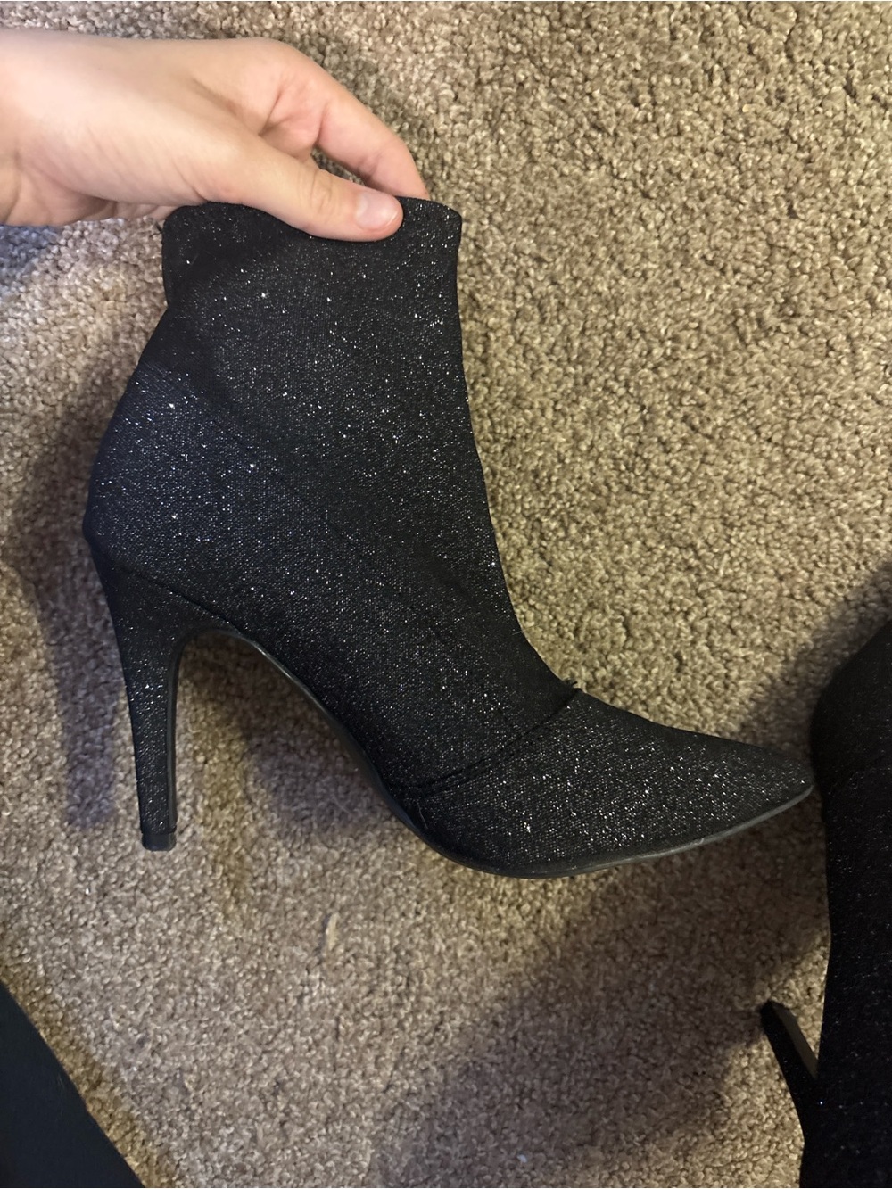 Brash Black Glitter Pointed-Toe Stiletto Ankle Boots